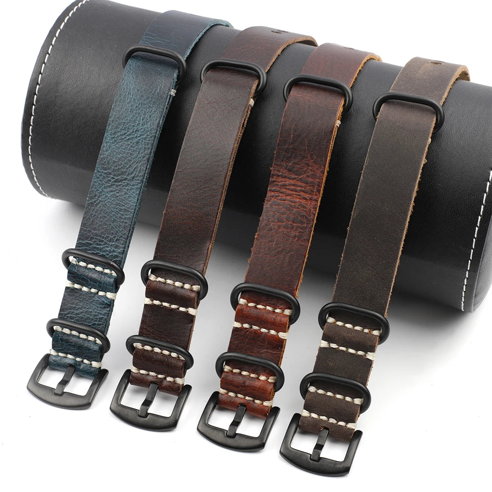 Crazy Horse Leather NATO Watch Strap With Black Buckle all colours