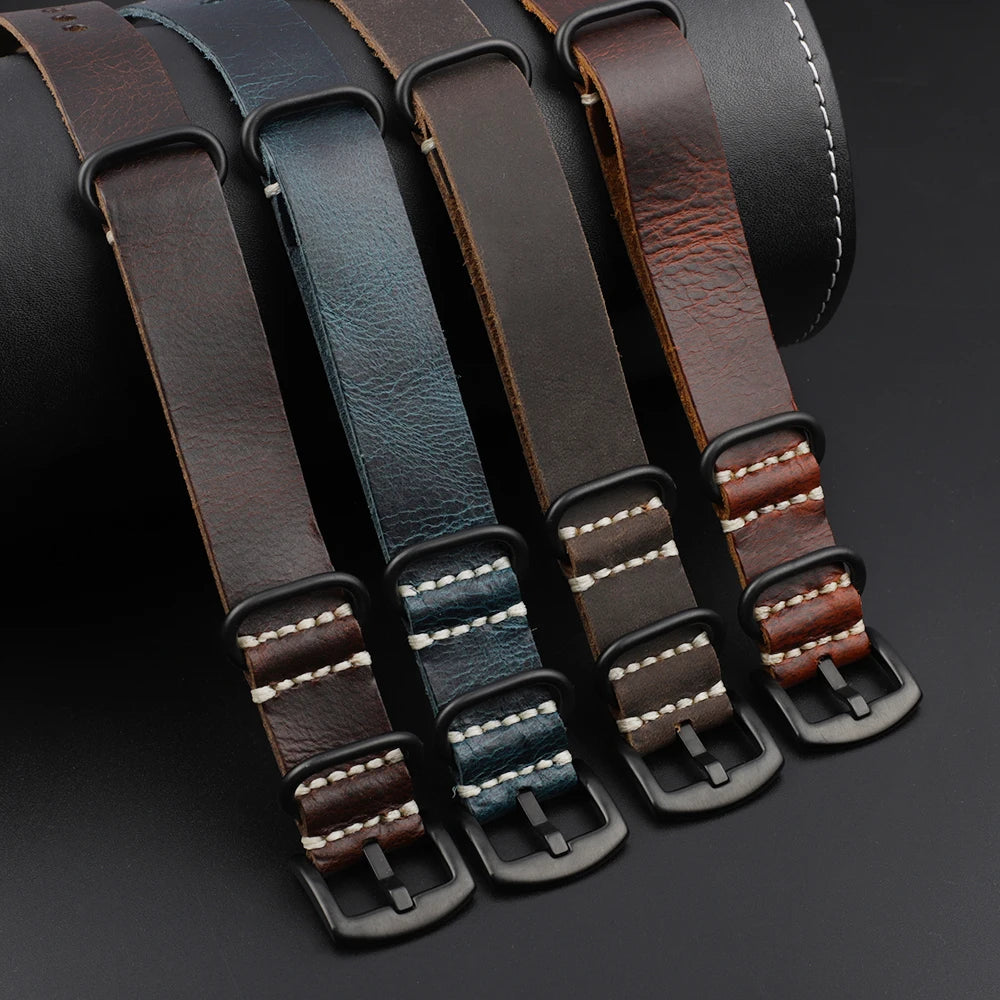 Crazy Horse Leather NATO Watch Strap With Black Buckle all colours buckle