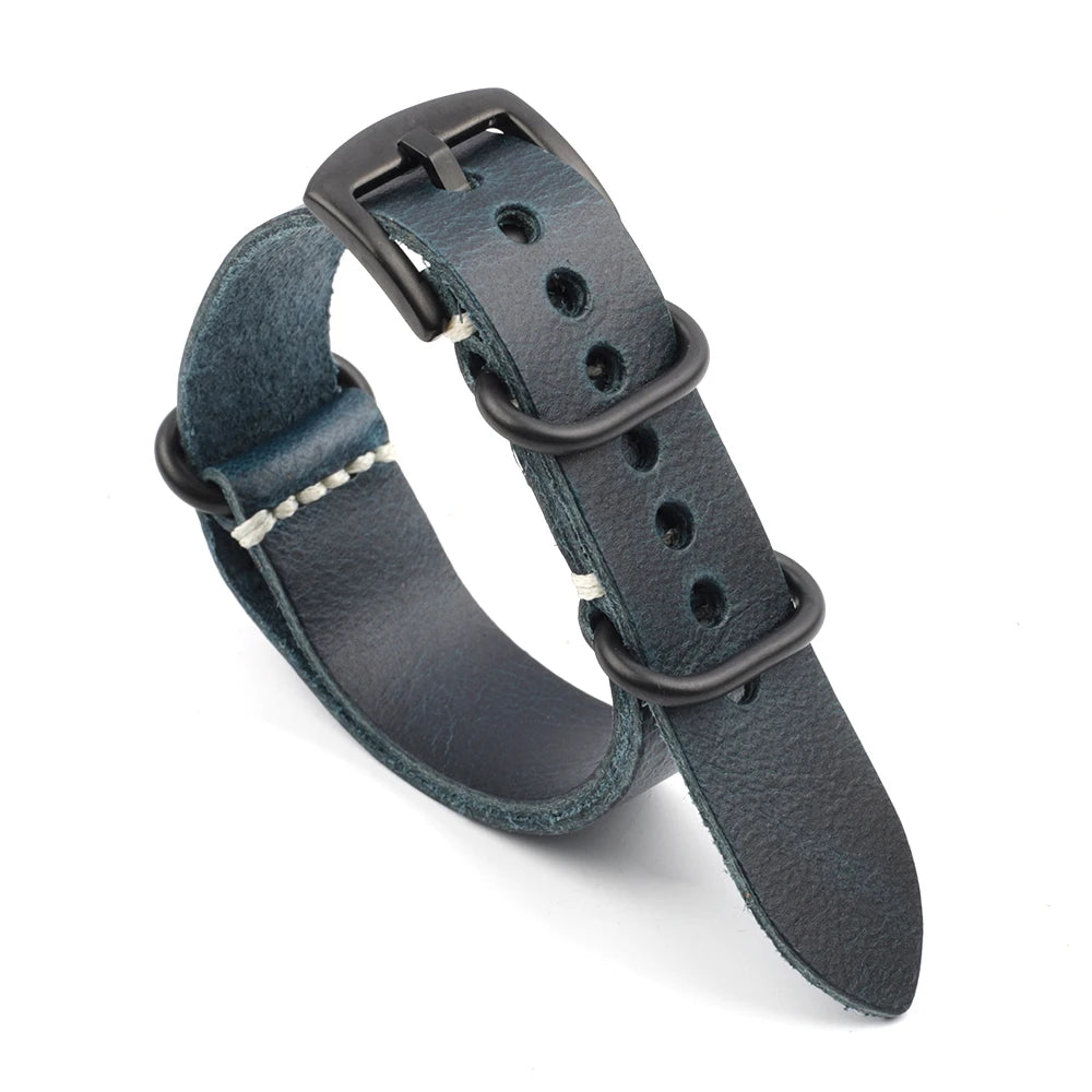Crazy Horse Leather NATO Watch Strap With Black Buckle blue