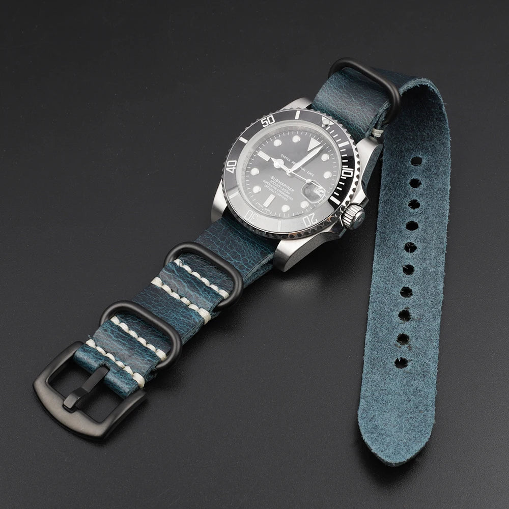 Crazy Horse Leather NATO Watch Strap With Black Buckle blue on watch