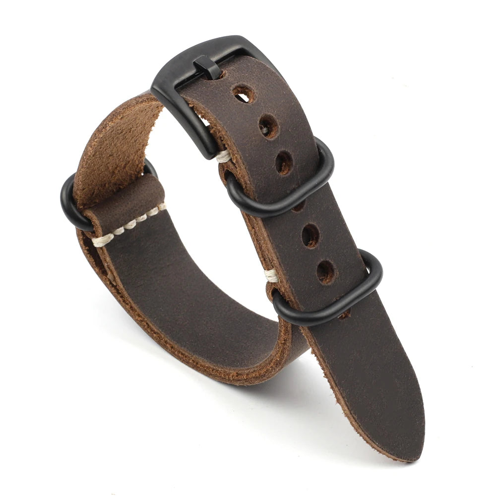 Crazy Horse Leather NATO Watch Strap With Black Buckle brown