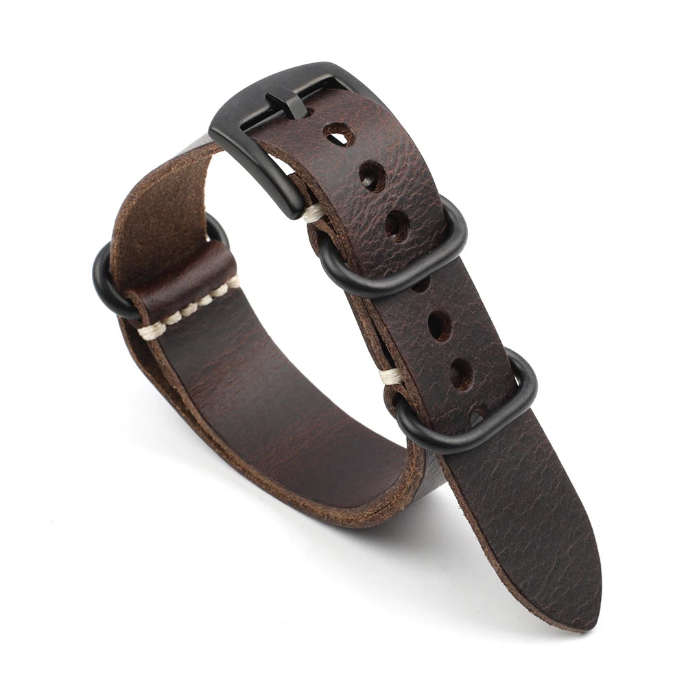 Crazy Horse Leather NATO Watch Strap With Black Buckle coffee