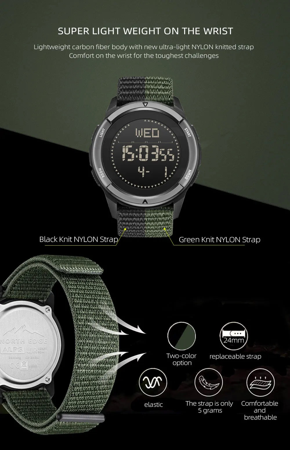 North Edge Digital Carbon fiber Watch With Compass, Step Counter, & Fitness Tracking