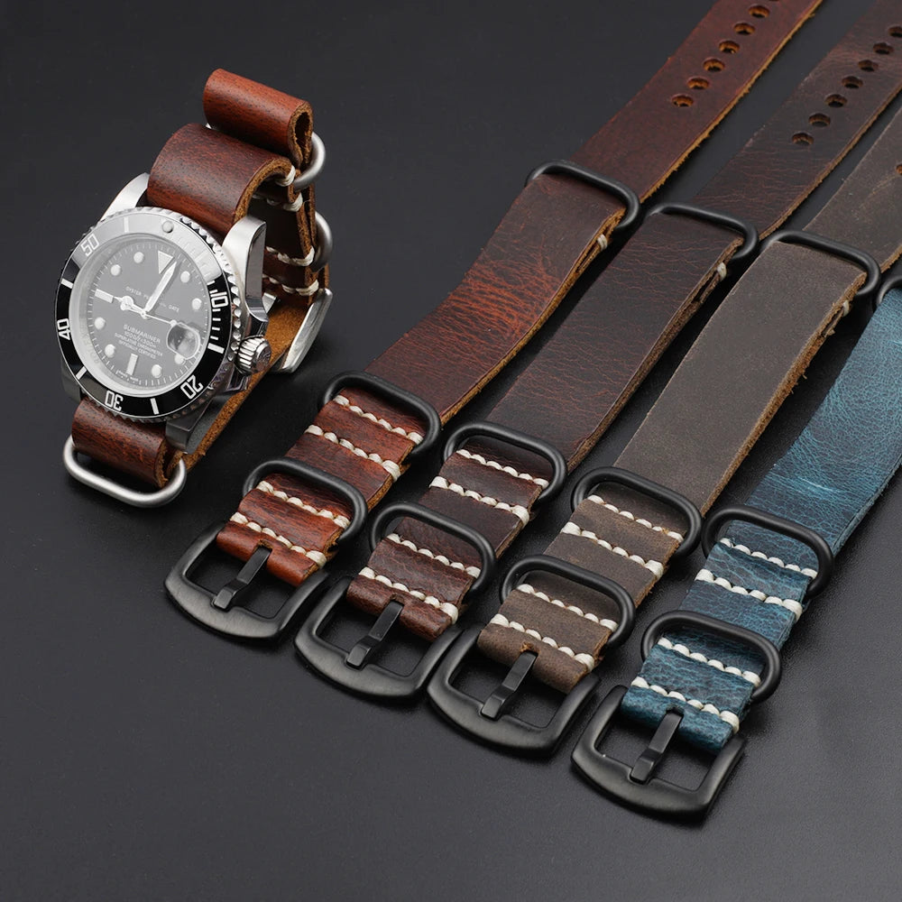 Crazy Horse Leather NATO Watch Strap With Black Buckle all colours and on watch