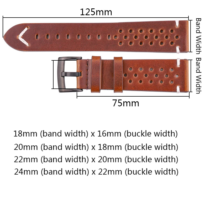 Handmade Oil Wax Cowhide Breathable Watch Strap - Sizes M & L