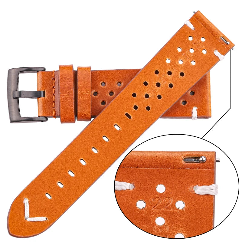 Handmade Oil Wax Cowhide Breathable Watch Strap - Sizes M & L