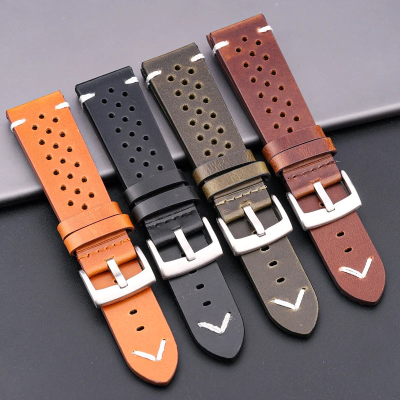 Handmade Oil Wax Cowhide Breathable Watch Strap - Sizes M & L