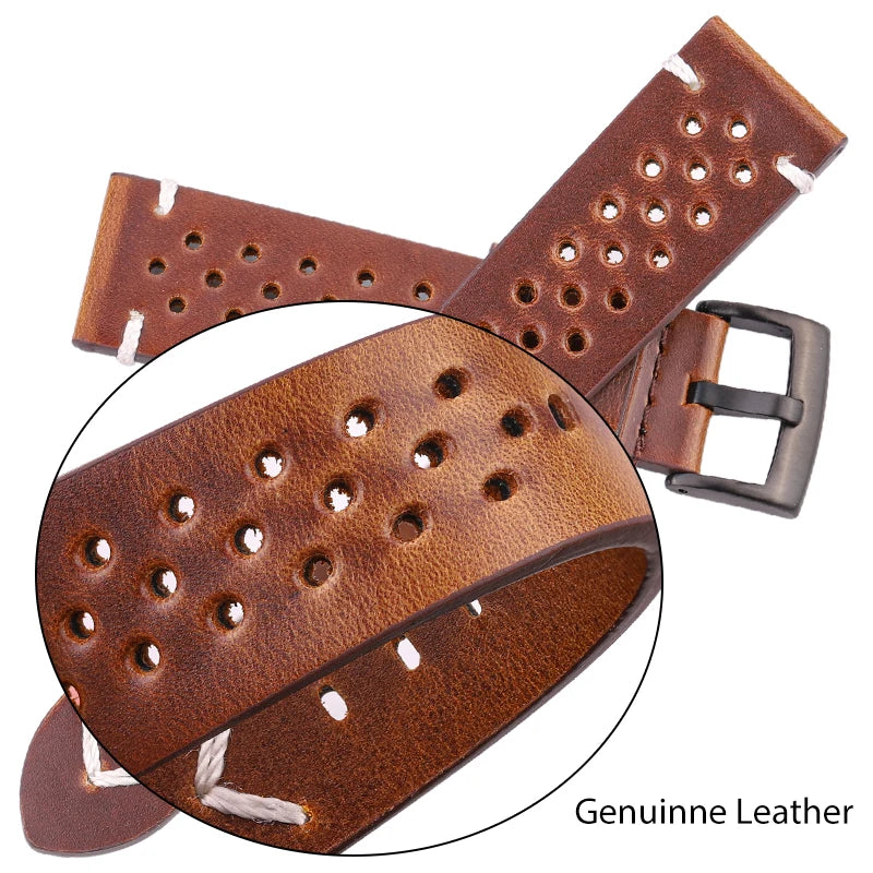 Handmade Oil Wax Cowhide Breathable Watch Strap - Sizes M & L