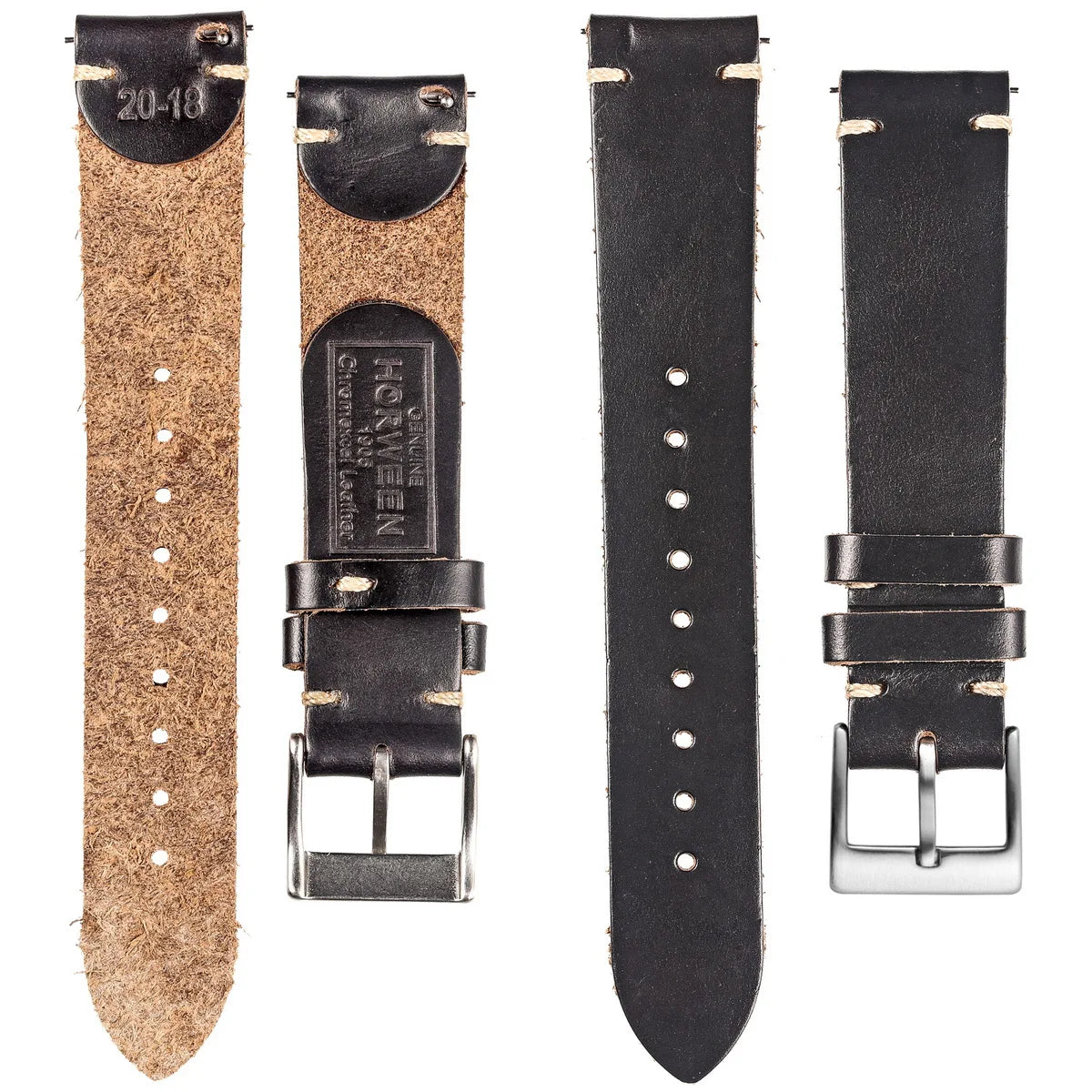 Premium Horween Horse Leather Watch Strap black front and back