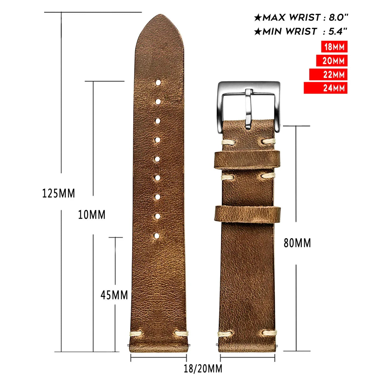 Premium Horween Horse Leather Watch Strap size chart