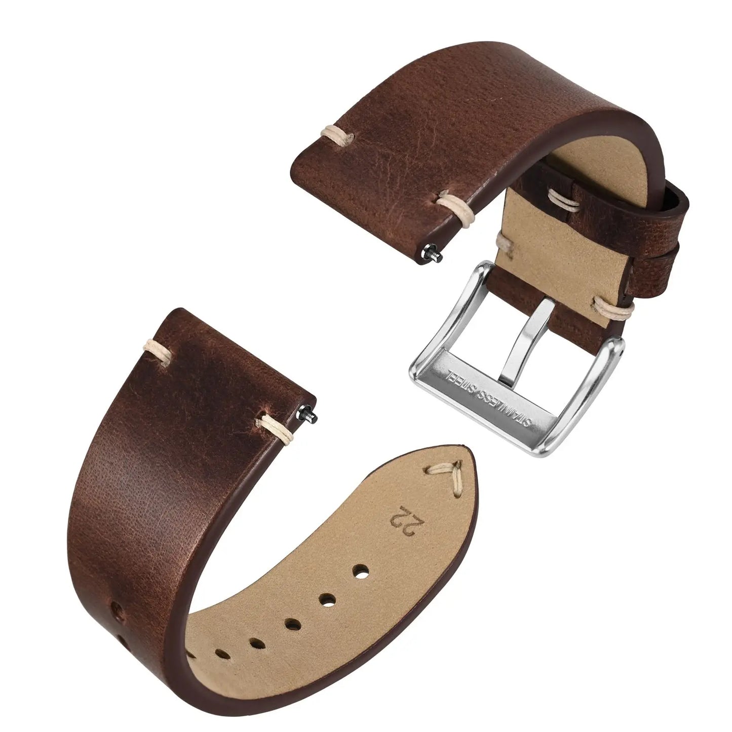 Anbeer Premium Military Style Leather Watch Strap With Stainless Steel Buckle - Sizes M & L