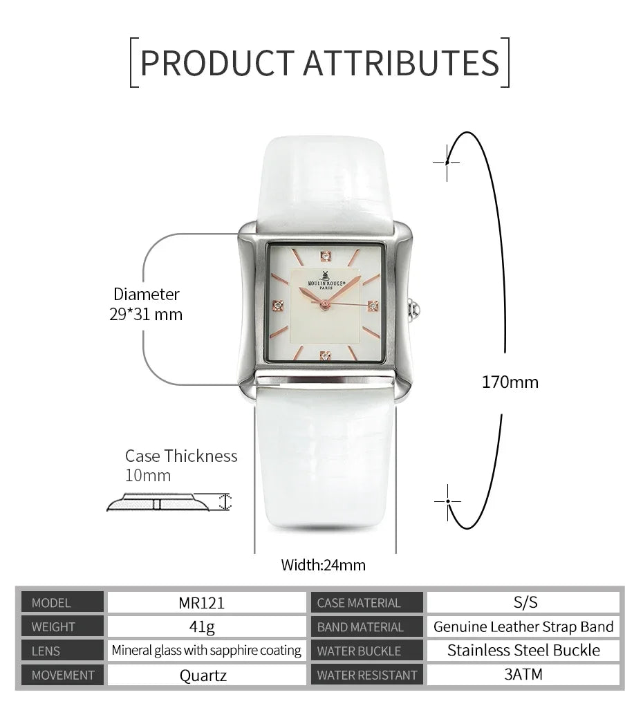 Square Stainless Steel Fashion Watch With Mother of Pearl & Gemstone Dial.