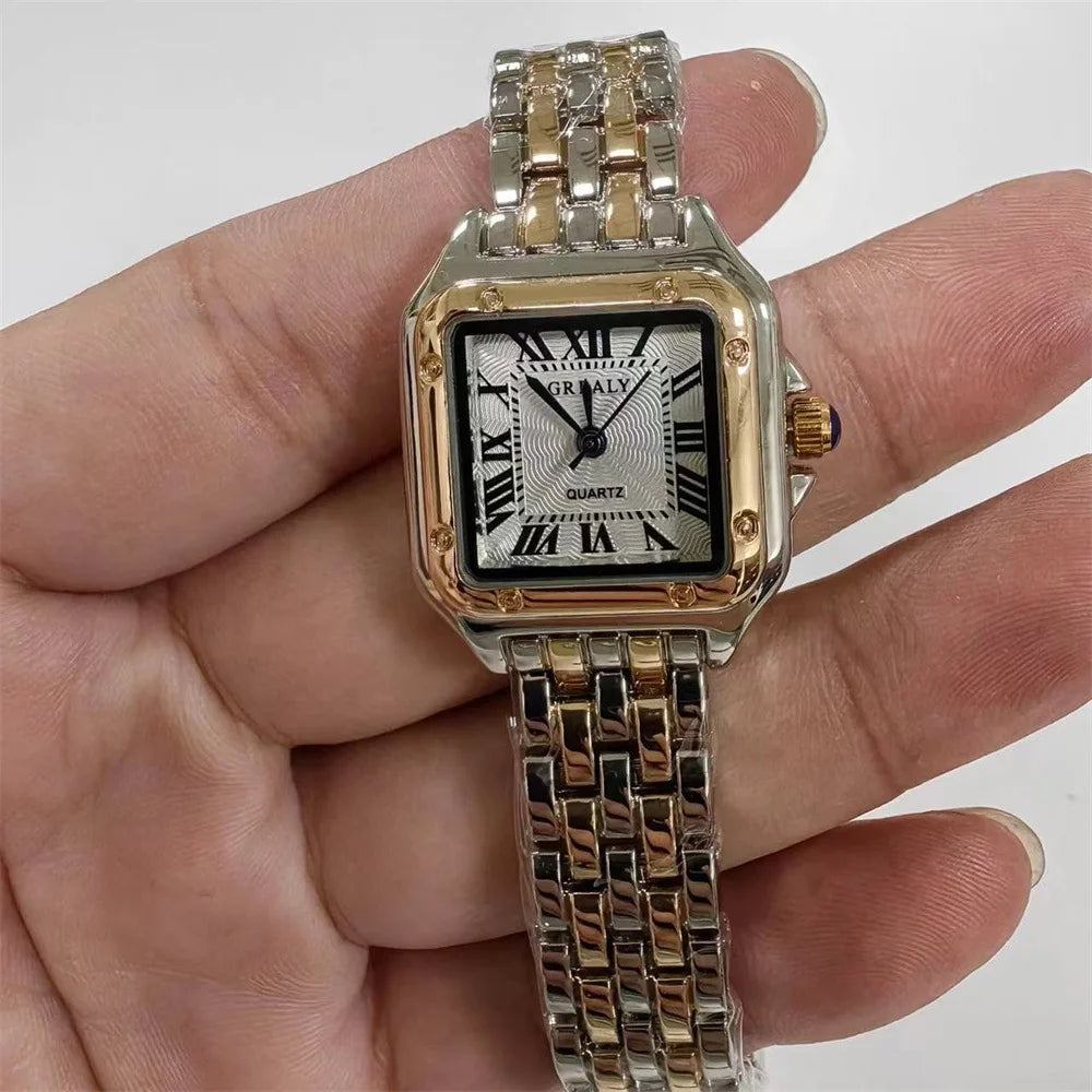 Square Ladies Fashionable Dress Watch With Silver/Gold tone Case & Bracelet