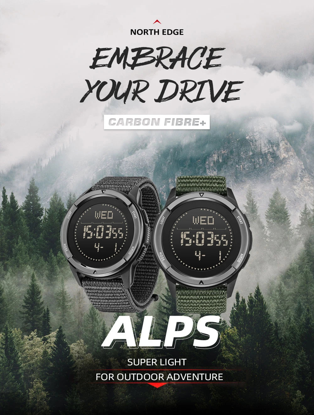 North Edge Digital Carbon fiber Watch With Compass, Step Counter, & Fitness Tracking