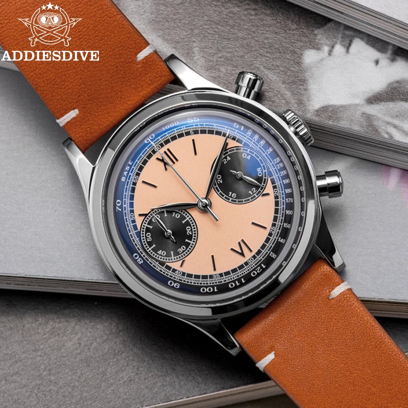 Addiesdive AD2037 - Stainless Steel MechaQuartz Chronograph with soft leather strap