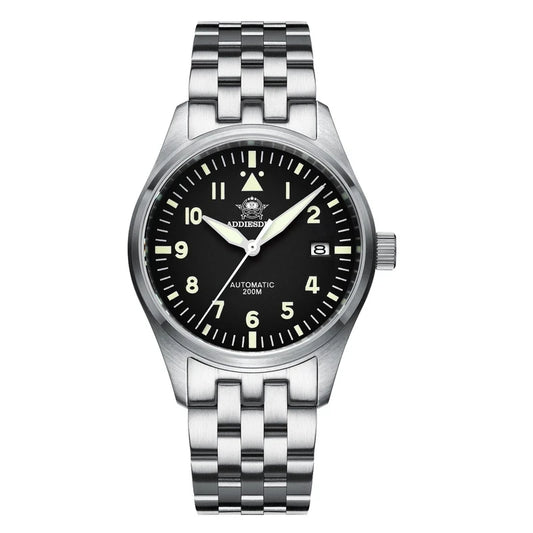 Addiesdive MY-H2 - Classic Stainless Steel Automatic Pilot's Watch With Sapphire Crystal and Seiko NH35 & 200m WR