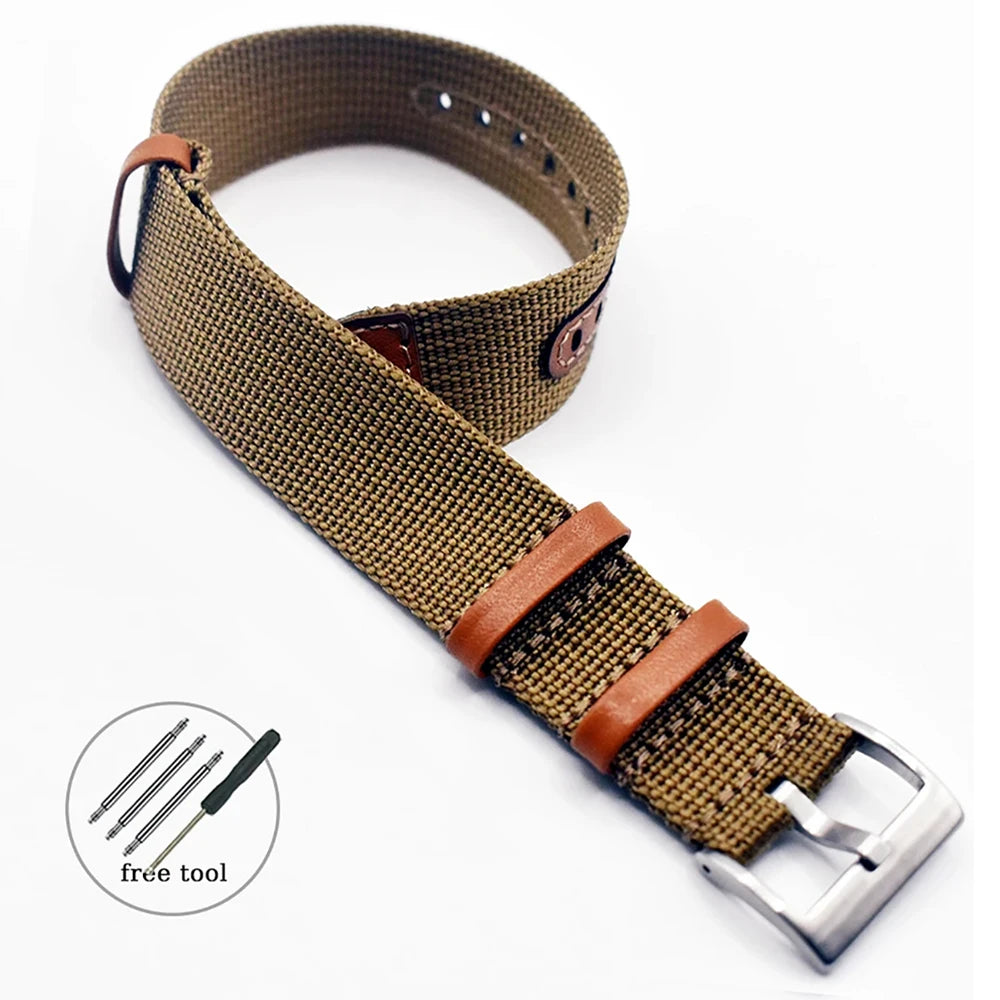 Canvas Patch Style Nylon Leather NATO Strap with choice of buckle - Sizes M & L