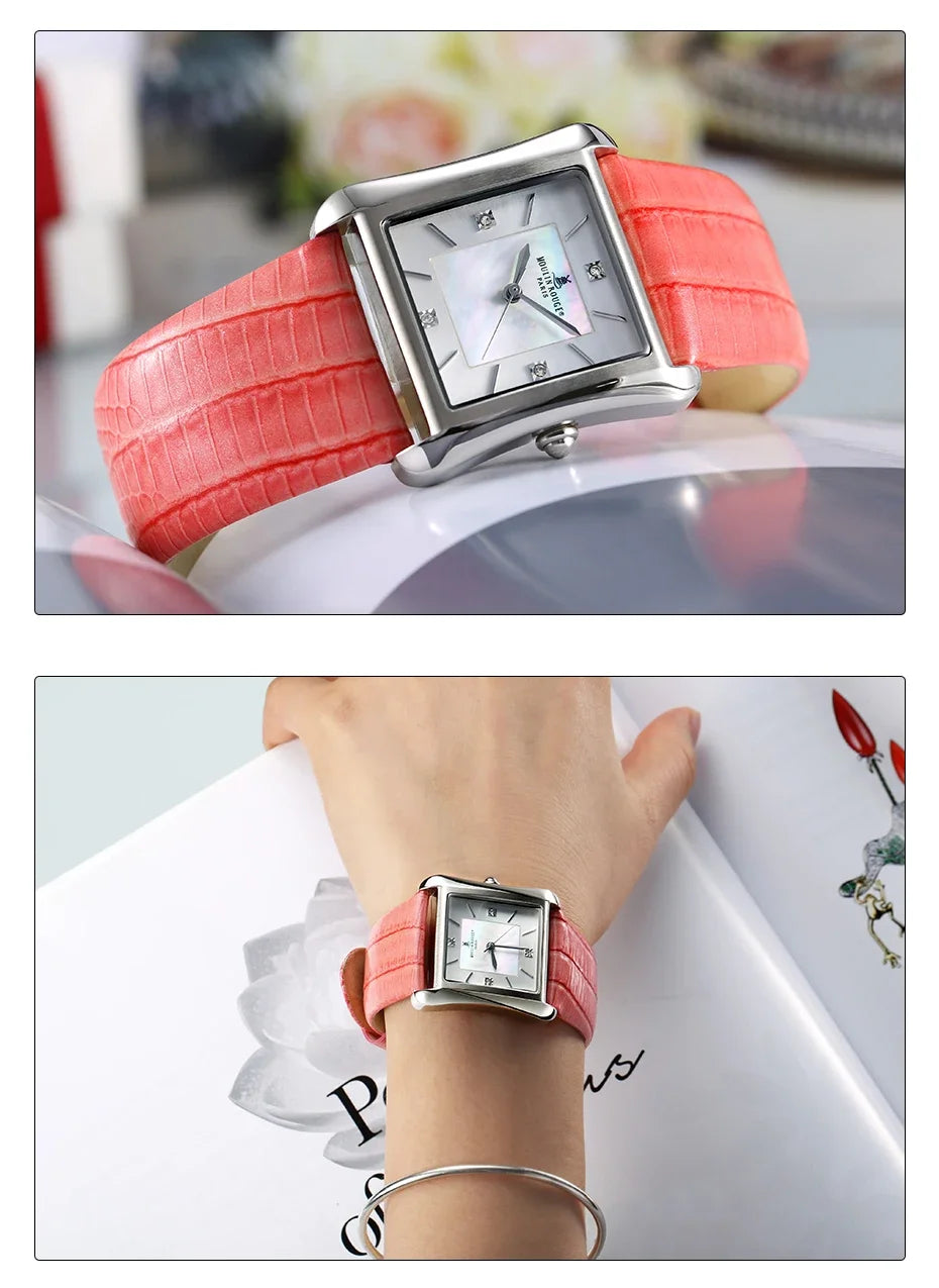 Square Stainless Steel Fashion Watch With Mother of Pearl & Gemstone Dial.