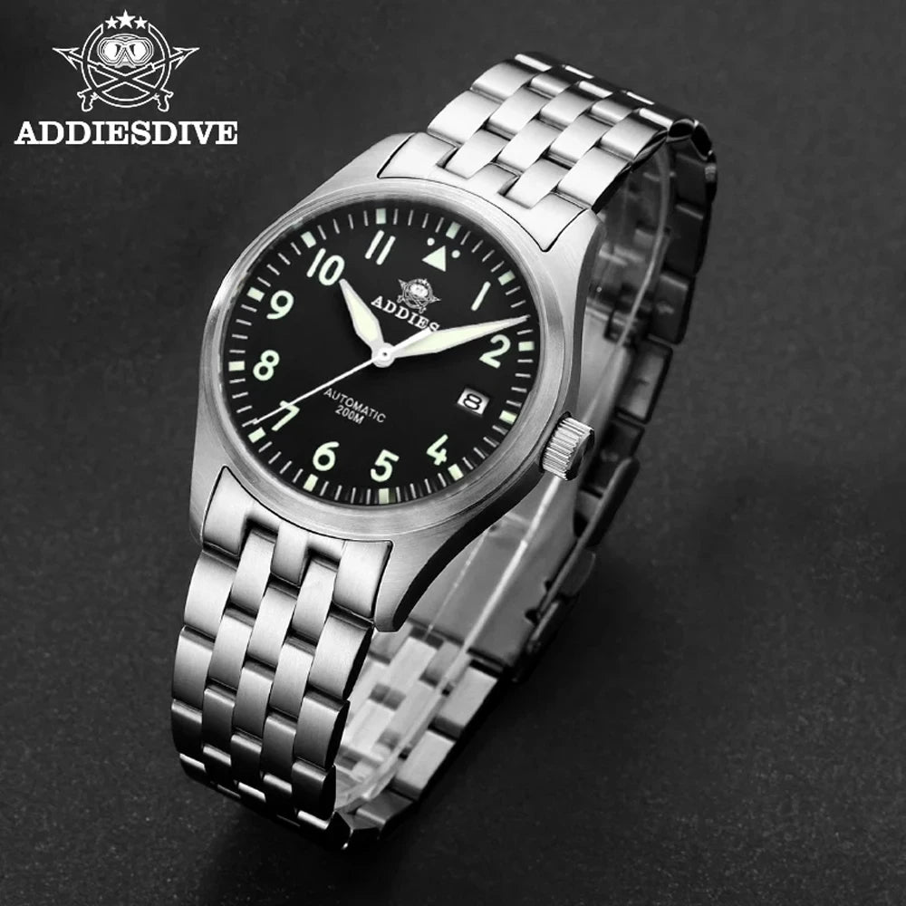 Addiesdive MY-H2 - Classic Stainless Steel Automatic Pilot's Watch With Sapphire Crystal and Seiko NH35 & 200m WR