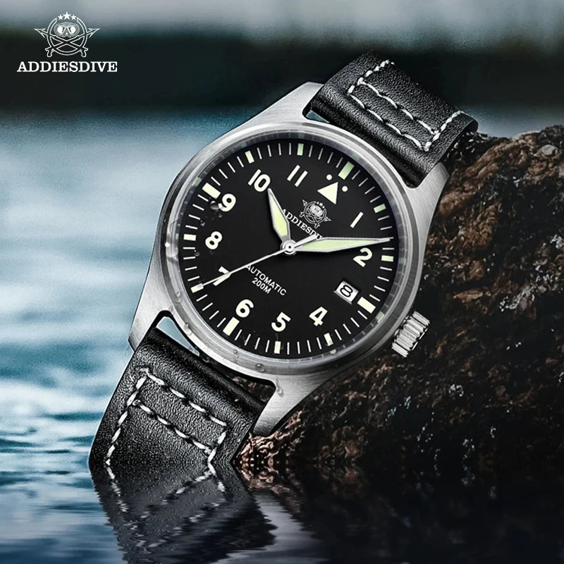 Addiesdive MY-H2 - Classic Stainless Steel Automatic Pilot's Watch With Sapphire Crystal and Seiko NH35 & 200m WR