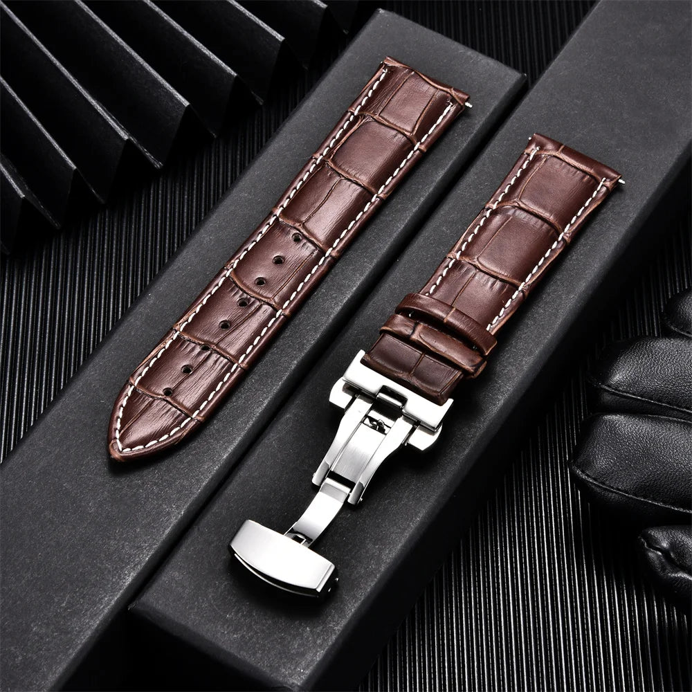 Calfskin Business Style Watch Strap With Butterfly Buckle - Sizes M & L