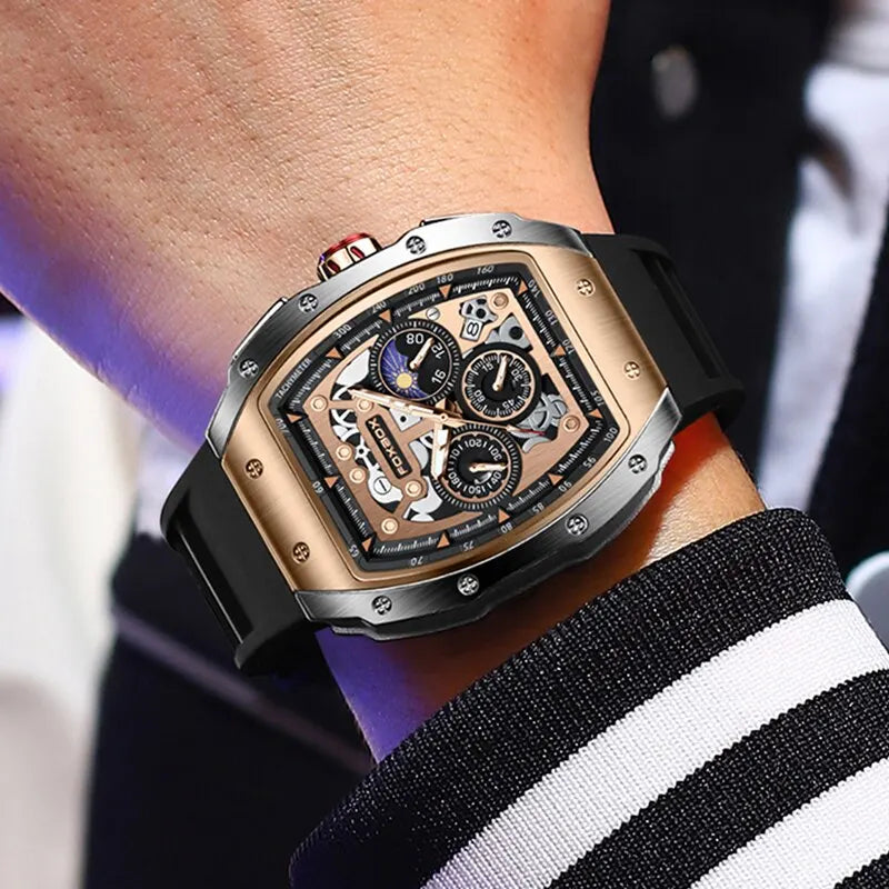 Lige Stainless Steel Fashion Chronograph With Tonneau Case & Skeleton Dial