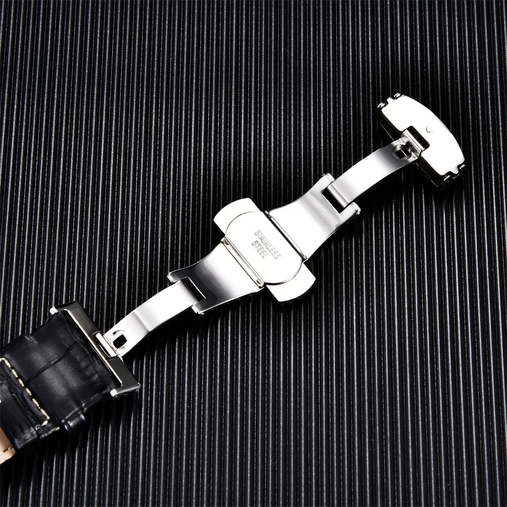 Calfskin Business Style Watch Strap With Butterfly Buckle - Sizes M & L