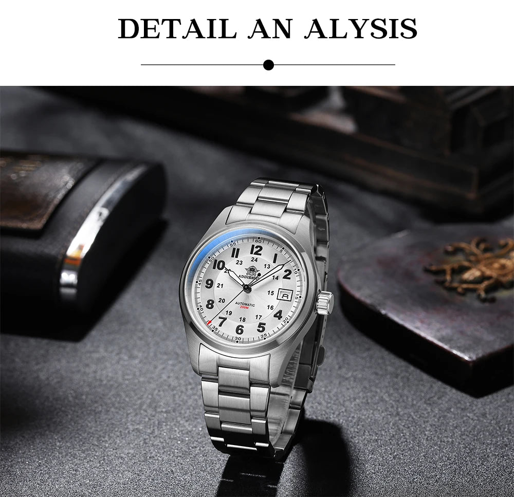 Addiesdive AD2048 - Stainless Steel Automatic Field Watch with Date and Oyster Style Bracelet