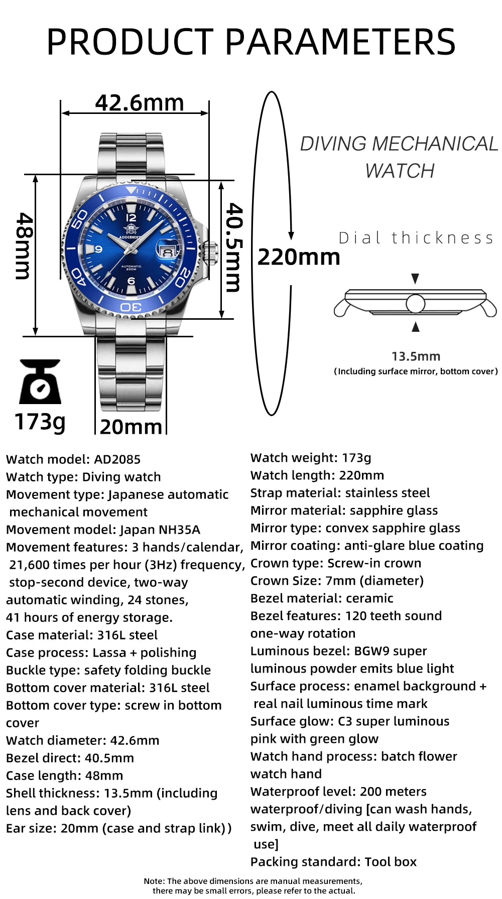 Addiesdive AD2085 Stainless Steel 200m Dive Watch With Sapphire Glass & Ceramic Bezel