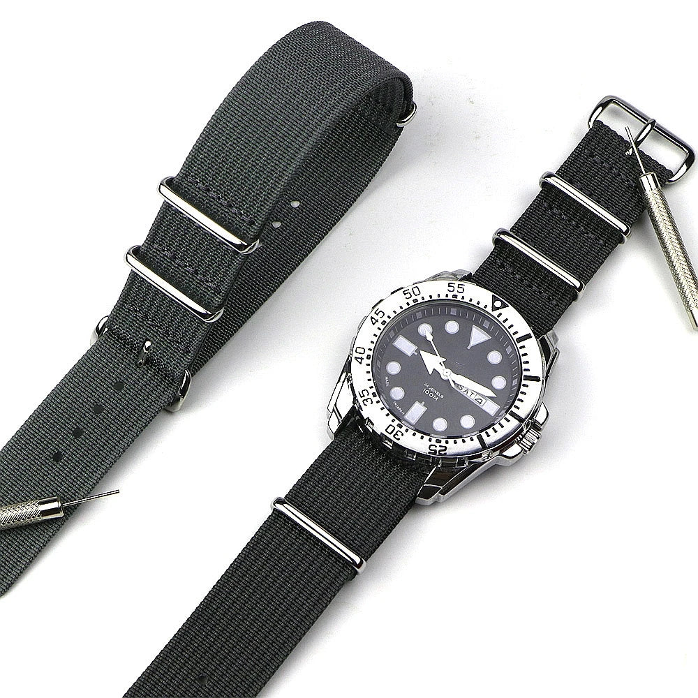 High Quality Ribbed NATO Style Watch Strap with Stainless Steel Hardware - Sizes M & L