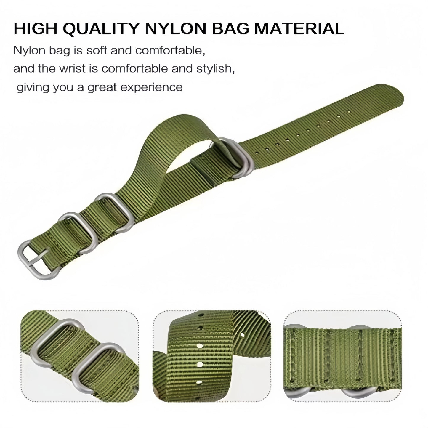 Nylon woven canvas NATO watch strap with rounded steel hardware - Sizes M & L