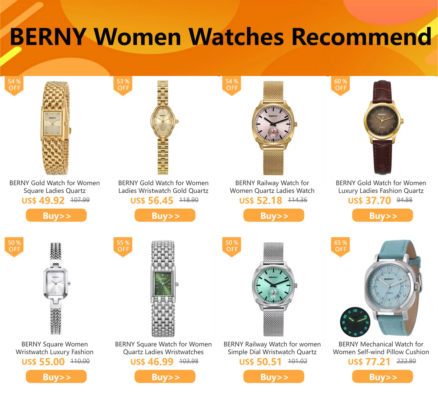 Berny 2921L - Gold tone Stainless Steel Quartz Fashion and Dress Watch