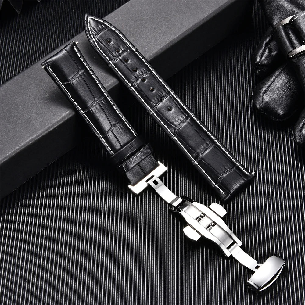 Calfskin Business Style Watch Strap With Butterfly Buckle - Sizes M & L