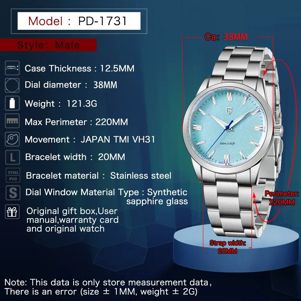 Pagani Design 1731 - 38mm Stainless Steel Quartz Business Watch With AR Coated Sapphire Crystal