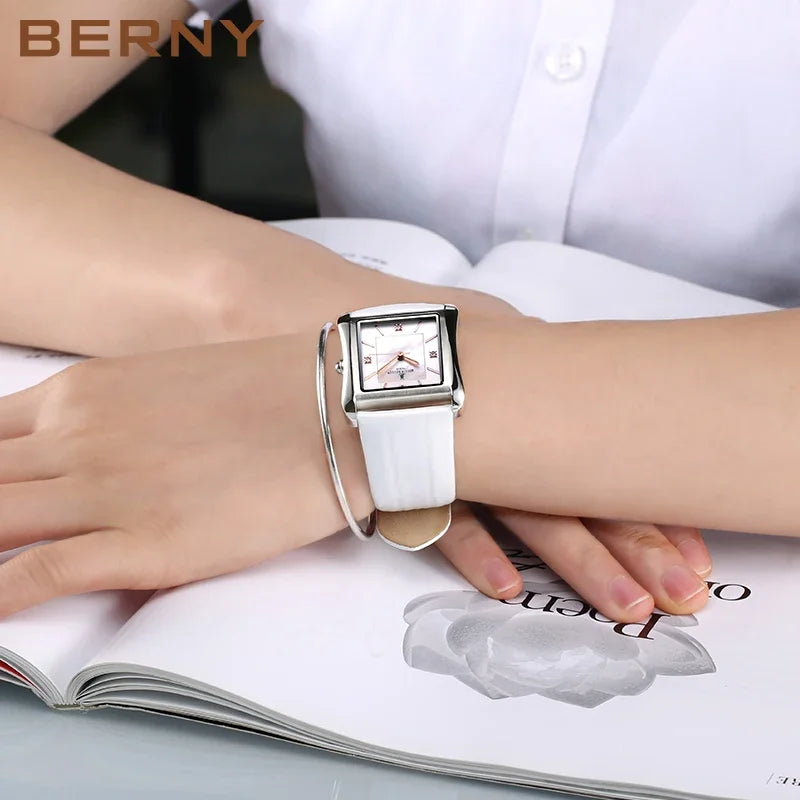 Square Stainless Steel Fashion Watch With Mother of Pearl & Gemstone Dial.