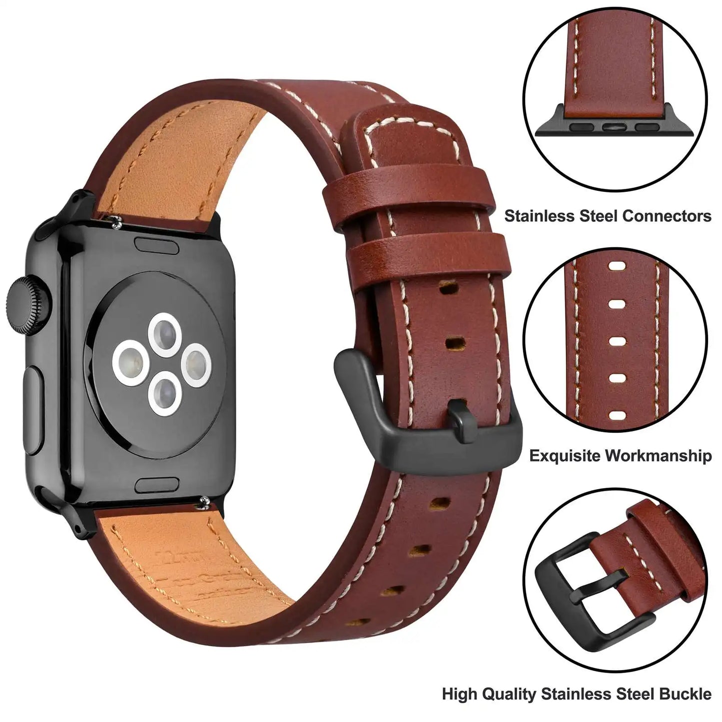 Anbeer Genuine Leather Watch Band for Apple Watch  - all Series 8 & 9