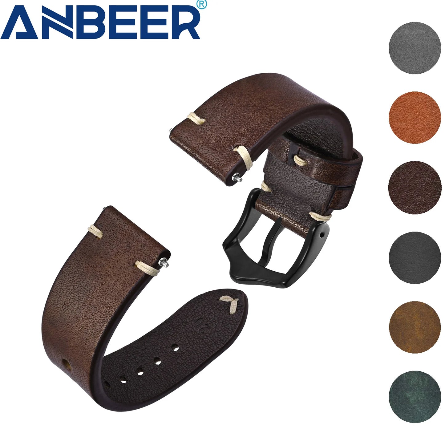 Anbeer Premium Retro Style Leather Watch Strap - Sizes M & L