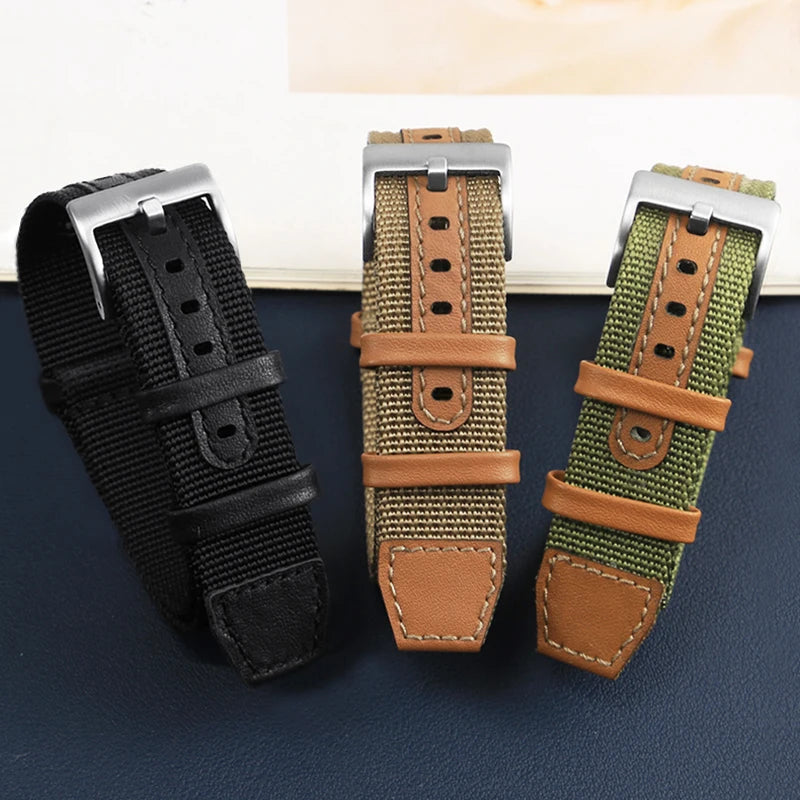 Canvas Patch Style Nylon Leather NATO Strap with choice of buckle - Sizes M & L