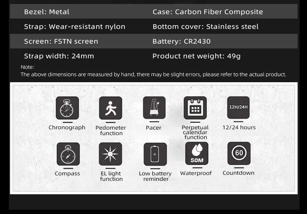 North Edge Digital Carbon fiber Watch With Compass, Step Counter, & Fitness Tracking