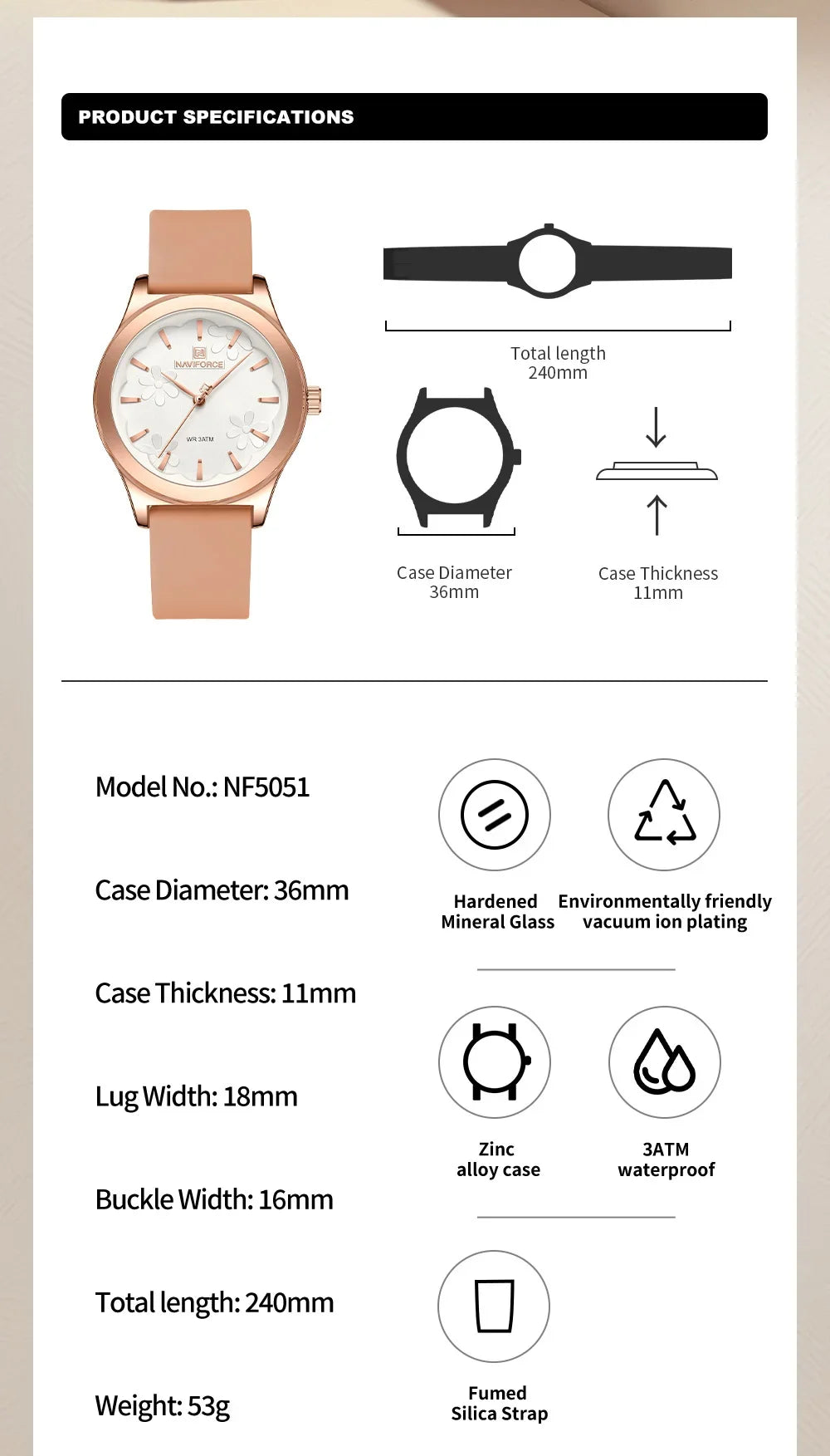 Naviforce NF5051 - Elegant Fashion Watch with Silicone strap