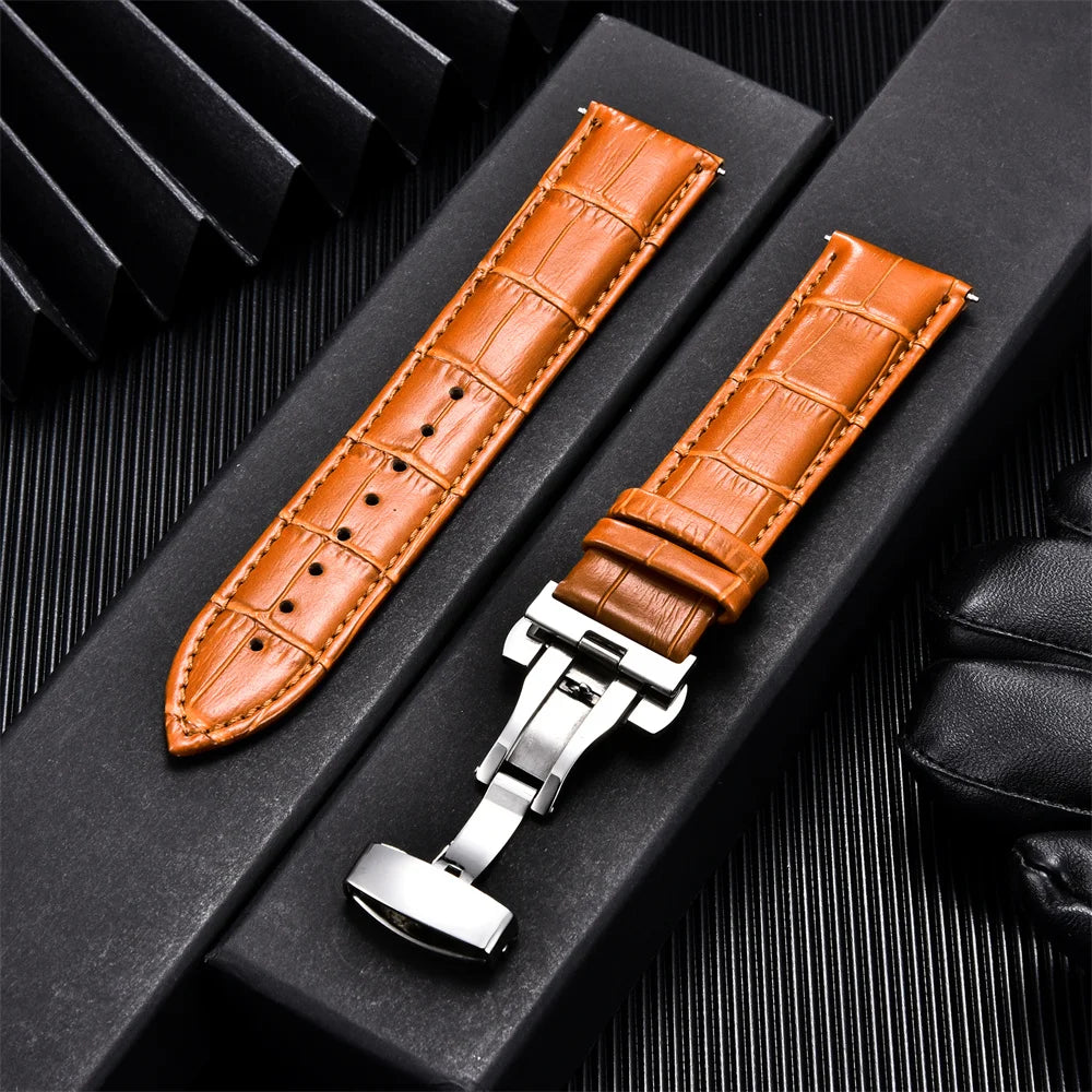 Calfskin Business Style Watch Strap With Butterfly Buckle - Sizes M & L