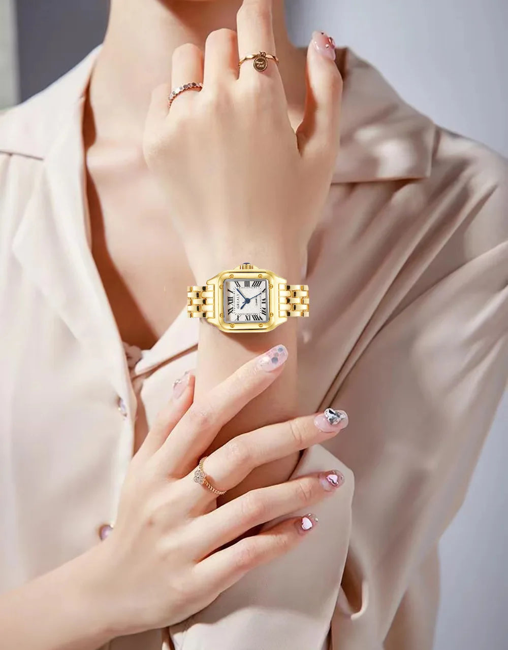 Square Ladies Fashionable Dress Watch With Silver/Gold tone Case & Bracelet