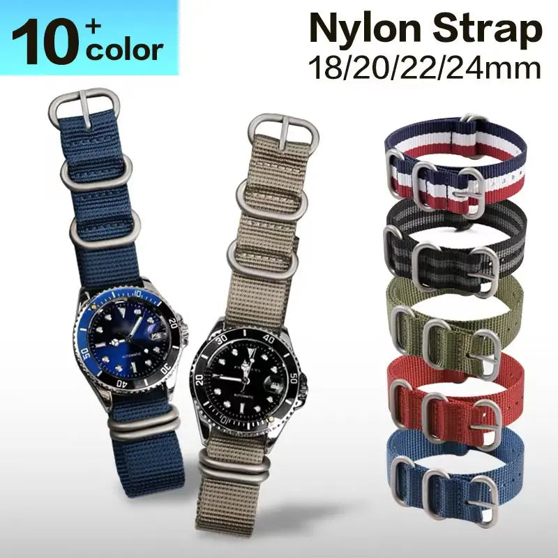 Nylon woven canvas NATO watch strap with rounded steel hardware - Sizes M & L