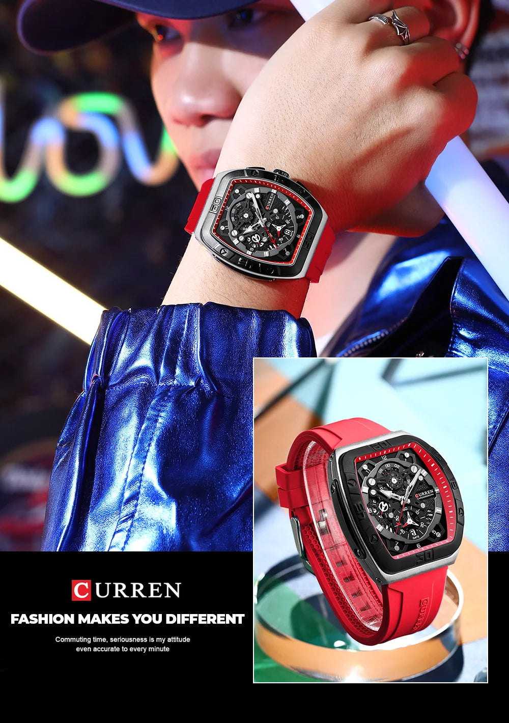 Curren 8443 - Tonneau Fashion Quartz Watch With Silicone Strap