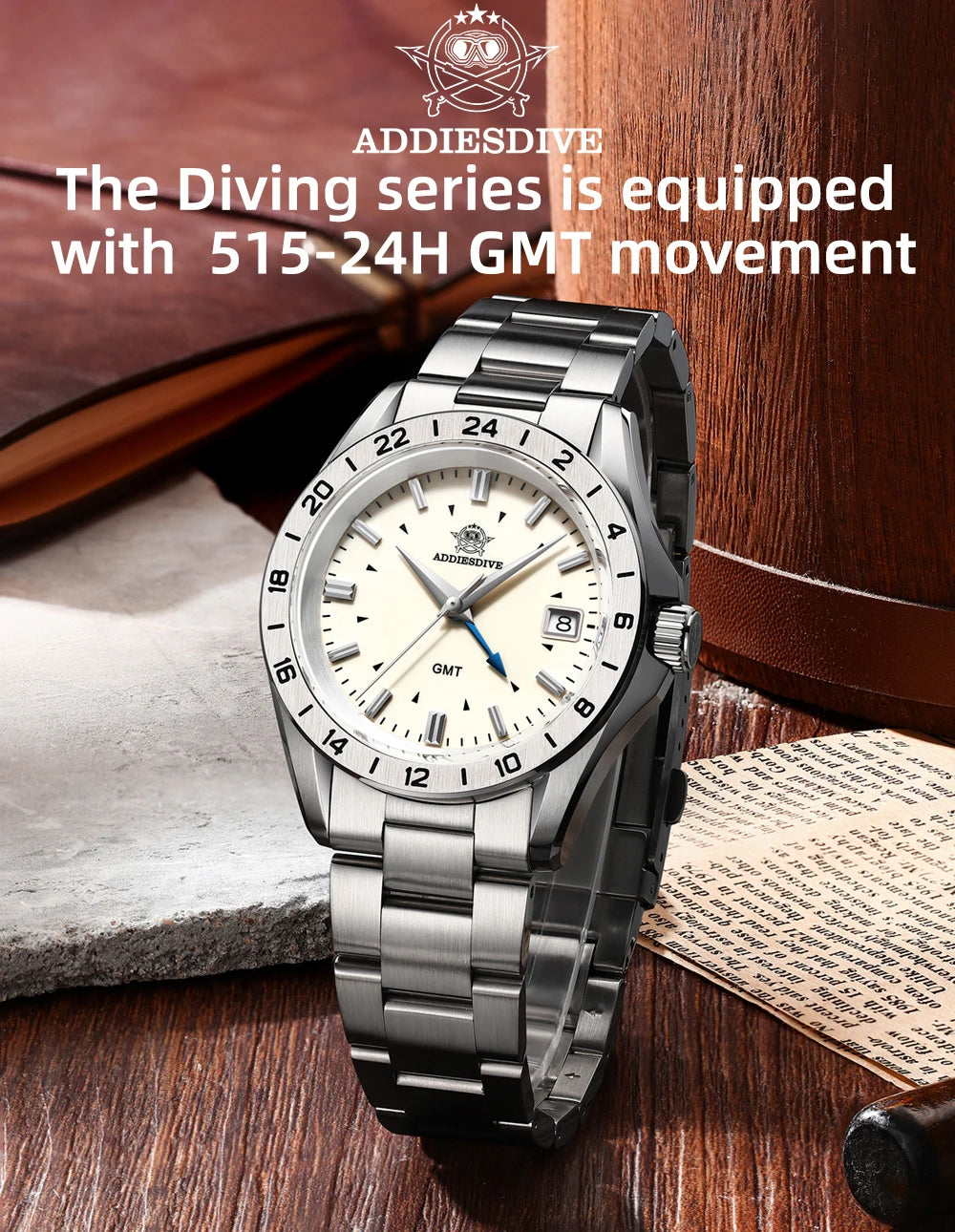 Addiesdive AD2063 - Quartz GMT Stainless Steel Watch With Sapphire Crystal and 200m WR