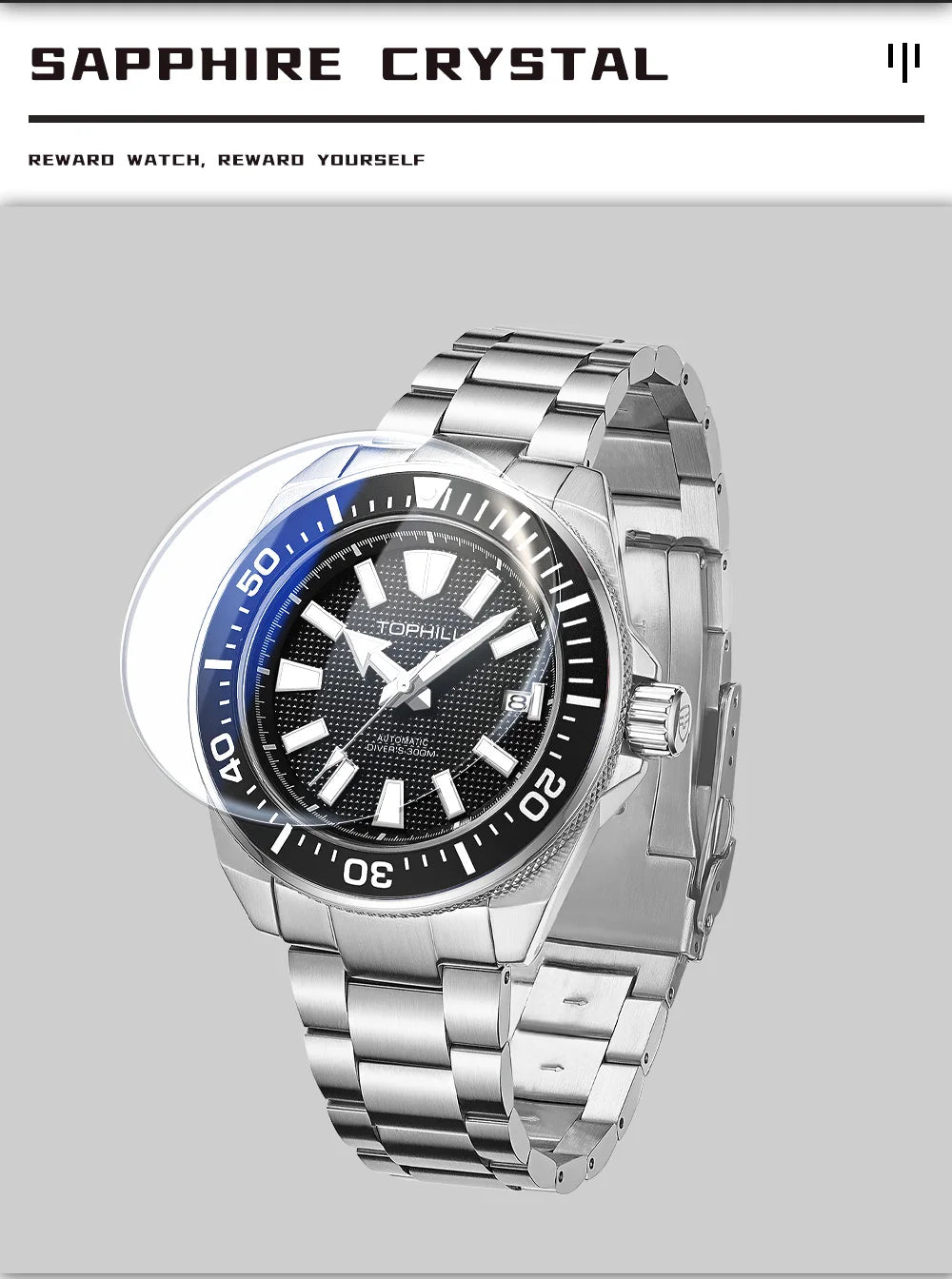 Tophill GD008G - 300mm Stainless Steel Automatic Dive Watch With Sapphire Crystal