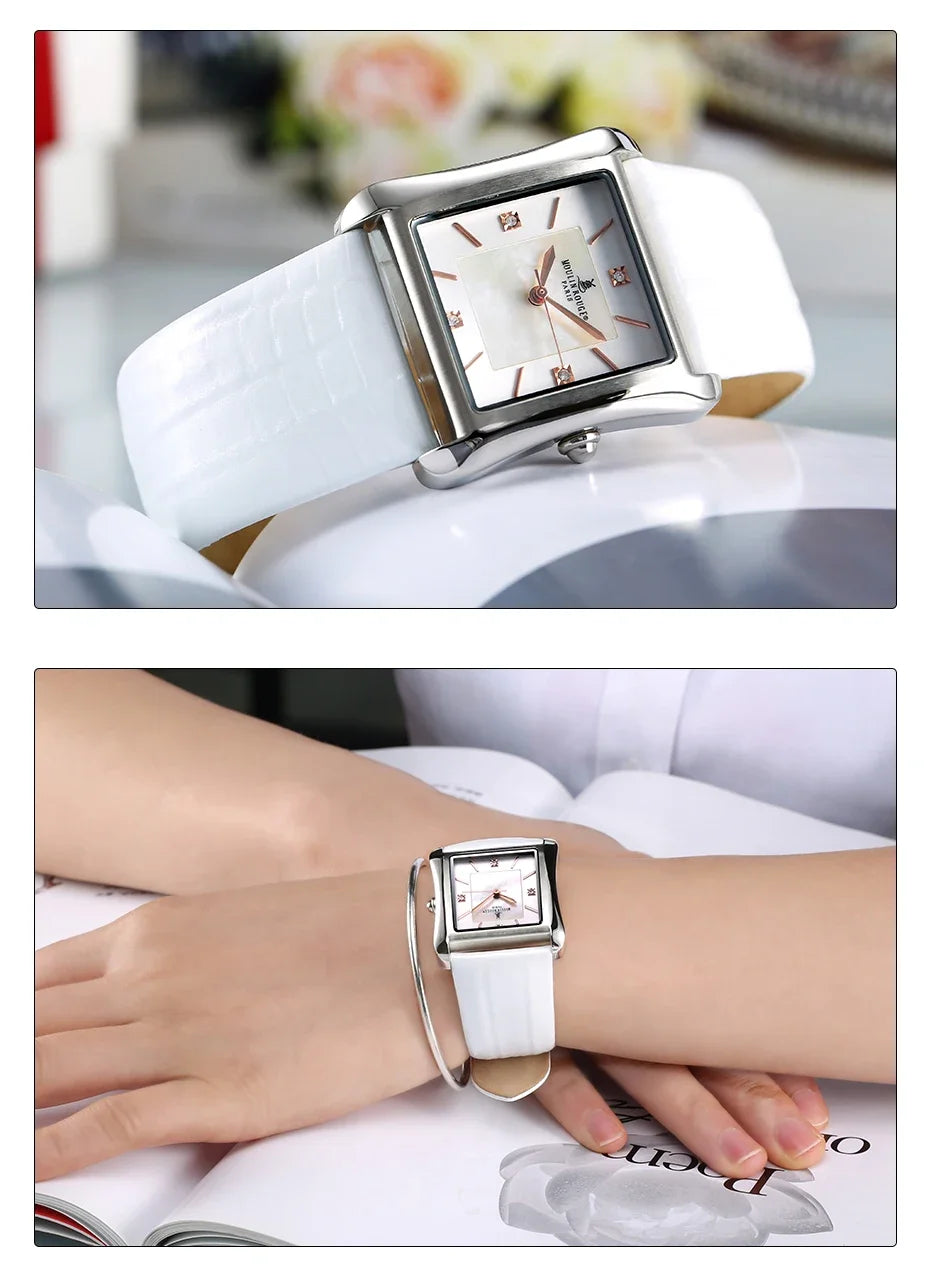 Square Stainless Steel Fashion Watch With Mother of Pearl & Gemstone Dial.