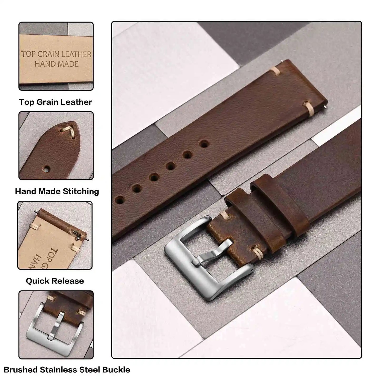 Anbeer Premium Military Style Leather Watch Strap With Stainless Steel Buckle - Sizes M & L