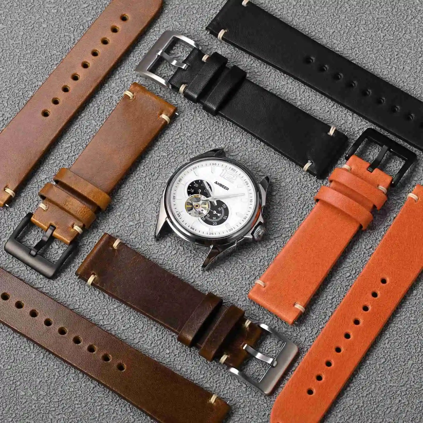 Anbeer Premium Military Style Leather Watch Strap With Stainless Steel Buckle - Sizes M & L