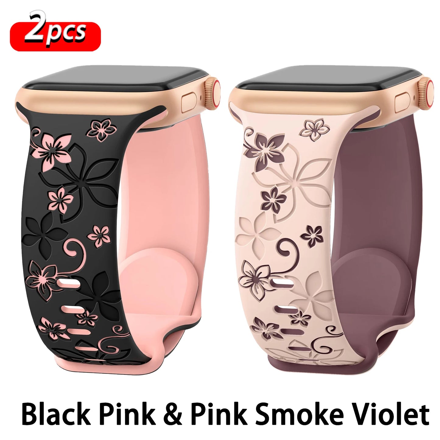 Floral Engraved Strap For Apple Watch Band 41mm 40mm 44mm 45mm 42mm 38mm 49mm Silicone Sport iWatch Series 10 SE 9 8 7 6 Ultra 2